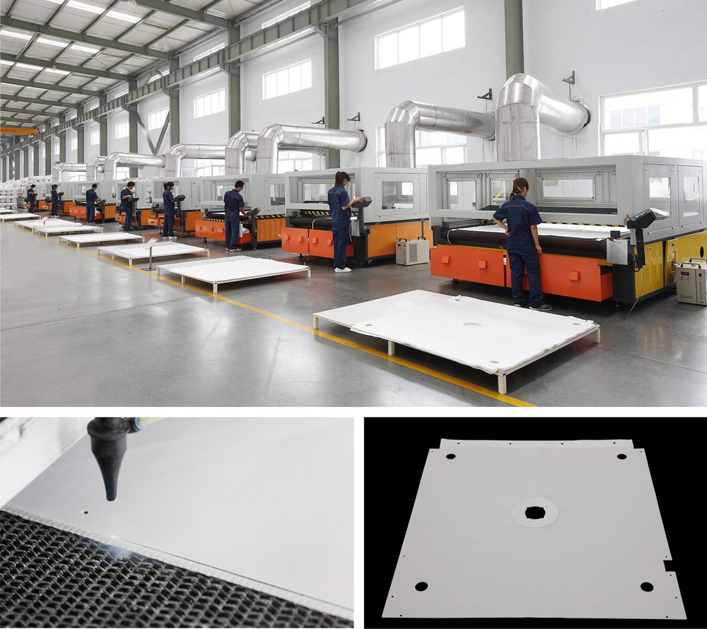 Large-format laser cutting bed cutting filter cloth to shape
