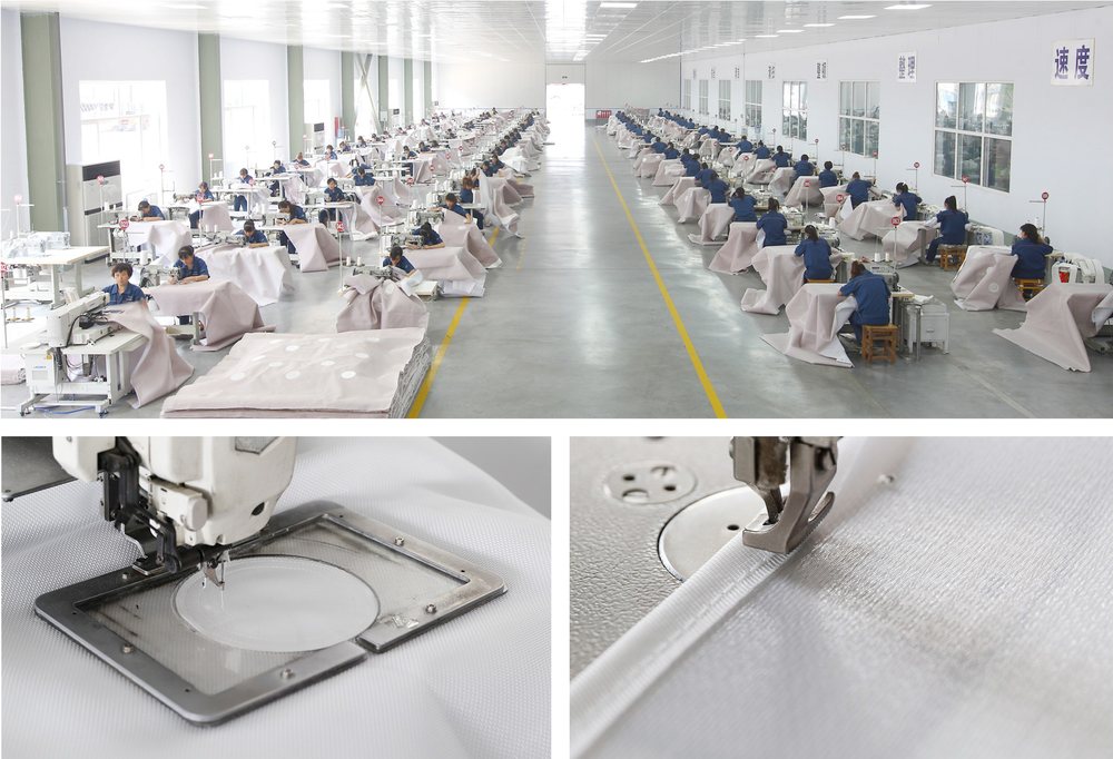 Sewing workstations finishing press filter cloths with multi-row seams