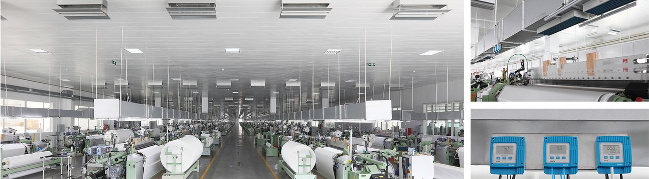 Climate-controlled weaving workshop with rows of filter fabric looms running